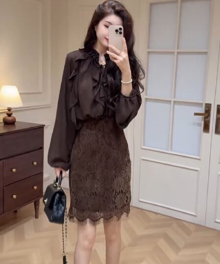 2026 가을 새로운 프랑스식 레트로 스타일 프릴 우아한 긴팔 셔츠 하이웨이스트 레이스 미니 스커트 투피스 세트