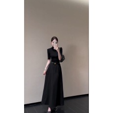 批发法式通勤高腰风衣料半身裙<b class='q'>女</b>秋季气质扣腰带A字遮胯中长<b class='q'>裙</b>