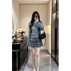 批发针织开衫外套女款2026新款早秋冬长袖学院风纽扣上衣+格子裙子