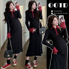 实拍 孕妇装秋冬撞色拼接修身长款连衣裙