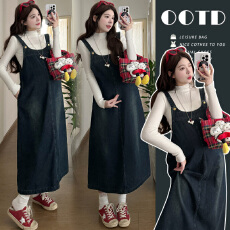 实拍 孕妇装渐变色牛仔背带裙两件套装