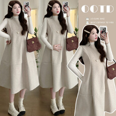 实拍孕妇装秋冬款收腰毛呢背心连衣裙两件套装