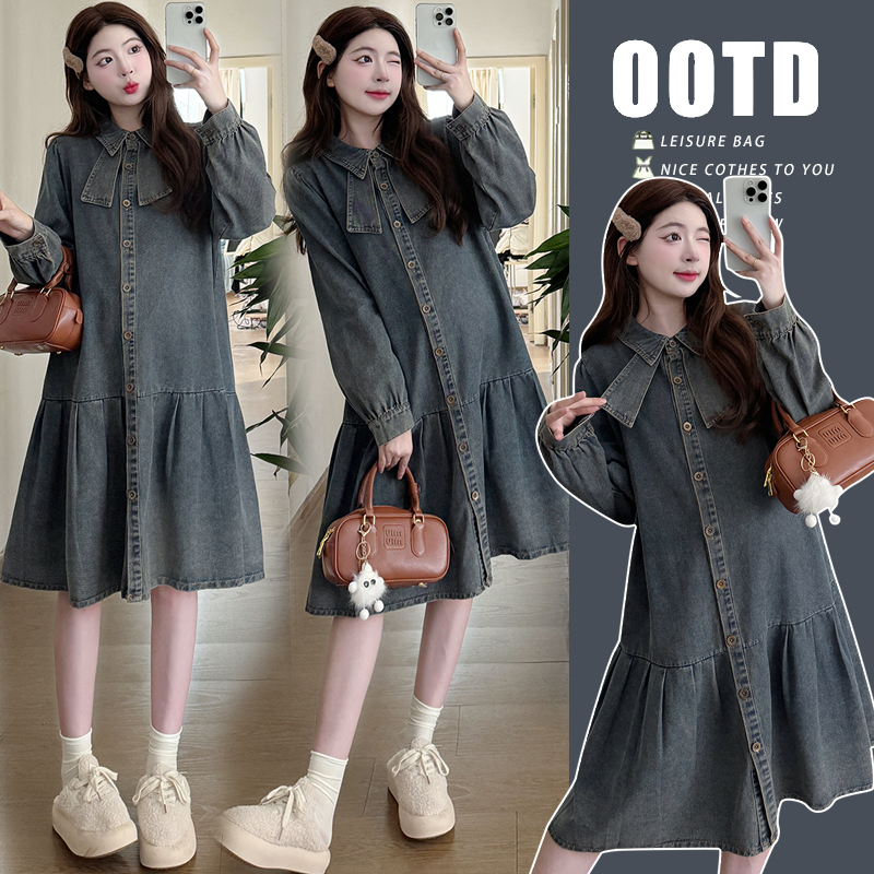 실사 출산 착용 봄 데님 플리츠 열기 버클 드레스