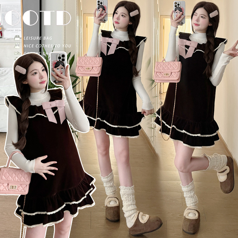 실사 출산 착용 봄 지불 벨벳 프릴 칼라 케이크 드레스 투피스 슈트