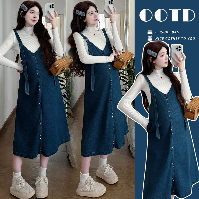 실사 출산 착용 가을 데님 슬립 드레스 투피스 슈트