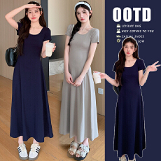 实拍 孕妇装修身短袖连衣裙女夏季垂感中长款大摆裙子