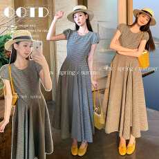 实拍 孕妇装夏季法式复古格子长款连衣裙