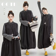 批发孕妇装秋款黑色蓬蓬花苞无袖背心<b class='q'>连衣裙</b>两件套装