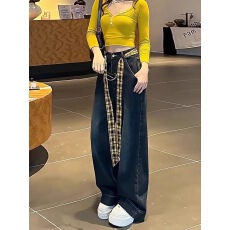 批发非实拍美式复古辣妹<b class='q'>牛仔裤</b>女百搭款宽松<b class='q'>显瘦</b>直筒阔腿拖地长裤潮