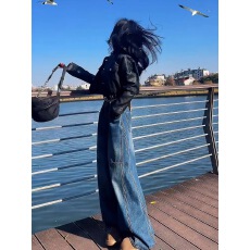 批发非实拍美式复古辣妹<b class='q'>牛仔裤</b>女百搭款宽松<b class='q'>显瘦</b>直筒阔腿拖地长裤潮