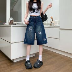 批发实拍实价~设计感小狗刺绣五分牛仔<b class='q'>短裤</b>女宽松阔腿中裤直筒七分裤