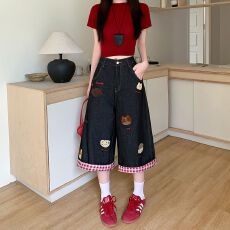 批发实拍实价~美式水洗做旧刺绣牛仔七分裤女夏季复古宽松阔腿<b class='q'>短裤</b>潮