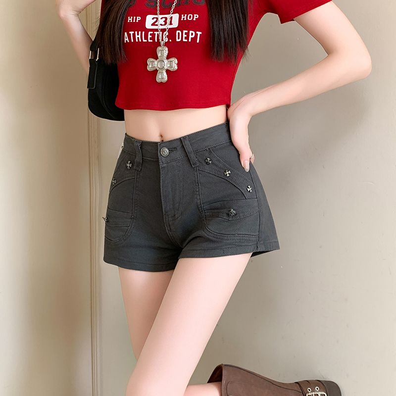 FA34982# 复古辣妹高腰牛仔短裤女夏季新款高街宽松显瘦阔腿热裤 服裝批發女裝批發服飾貨源