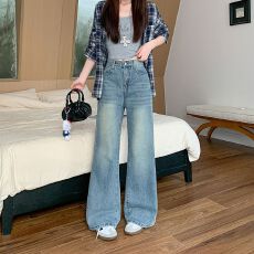 批发实拍实价~蓝色直筒<b class='q'>牛仔裤</b>女夏季高腰宽松休闲阔腿裤慵懒拖地裤子