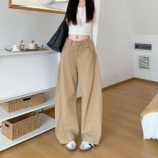 批发实拍实价~复古卡其色拼接<b class='q'>牛仔裤</b>女新款设计感直筒阔腿裤垂感裤子