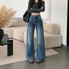 批发实拍实价~美式复古水洗拼接<b class='q'>牛仔裤</b>女宽松显瘦百搭垂感辣妹阔腿裤