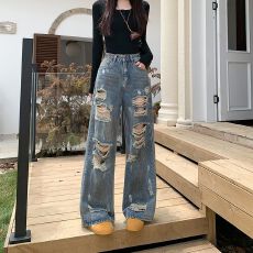 批发实拍实价~美式复古<b class='q'>牛仔裤</b>女辣妹破洞白墨飞溅仿生锈脏染阔腿长裤