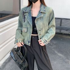 批发实拍实价~复古西装领牛仔<b class='q'>外套</b>女春秋设计感短款<b class='q'>显瘦</b>休闲夹克上衣