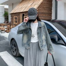 批发实拍实价~美式复古水洗宽松短款港风牛仔外套女新款百搭牛仔上衣