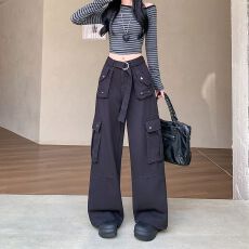 批发实拍 2026秋季新款美式多口袋工装裤女休闲直筒裤宽松显瘦阔腿裤