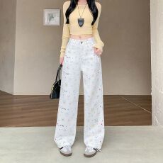 批发实拍实价~新款印花高腰牛仔裤女甜美可爱百搭长裤高腰直筒阔腿裤