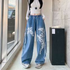 批发实拍实价~秋季美式牛仔裤<b class='q'>女</b>新款高街宽松直筒垂感阔腿裤休闲<b class='q'>长裤</b>