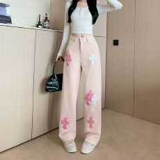 批发实拍实价~重工粉色高腰直筒牛仔裤<b class='q'>女</b>2025秋季新款宽松阔腿<b class='q'>长裤</b>潮