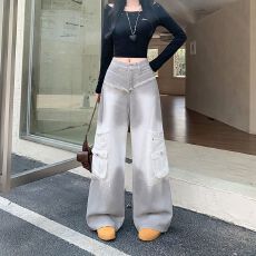 批发实拍实价~工装牛仔裤<b class='q'>女</b>秋季新款宽松显瘦渐变设计感毛边阔腿裤<b class='q'>潮</b>