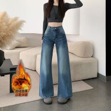 批发实拍实价~美式复古加绒加厚阔腿<b class='q'>牛仔裤</b>女新款宽松辣妹<b class='q'>微喇</b>叭裤子