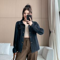 批发实拍实价~美式复古蓝色牛仔外套女<b class='q'>新款</b>秋季休闲翻领短款<b class='q'>夹克</b>上衣