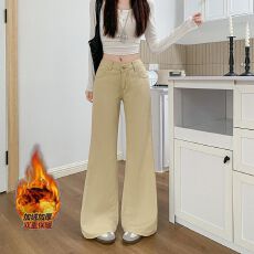 批发实拍实价~加绒加厚卡其色喇叭<b class='q'>牛仔裤</b>女新款高腰宽松显瘦阔腿裤子