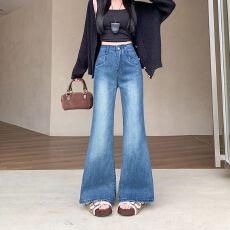 批发实拍实价~高腰微喇叭<b class='q'>牛仔裤</b>女秋季新款复古显瘦垂感宽松拖地裤子