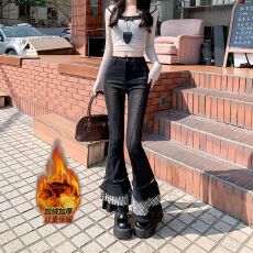 批发实拍实价~美式黑色微喇叭牛仔裤女秋冬加绒<b class='q'>高腰</b>显瘦设计感裤子