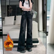 批发实拍实价~复古设计感加绒加厚牛仔裤子女冬季<b class='q'>高腰</b>显瘦直筒马蹄裤