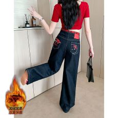 实拍实价~刺绣加绒加厚牛仔裤女秋冬格子拼接直筒阔腿裤弯刀裤子