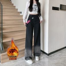 批发实拍实价~冬季侧拉链黑色牛仔裤女加绒加厚显瘦直筒阔腿裤<b class='q'>长裤</b>子