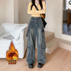 批发实拍实价~加绒加厚美式复古多口袋工装<b class='q'>牛仔裤</b>女冬季宽松阔腿裤子