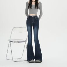 批发实拍实价~美式复古微喇<b class='q'>牛仔裤</b>女秋季蓝色修身显瘦裤子喇叭马蹄裤
