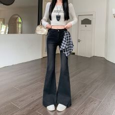 批发实拍实价~秋季新款酷辣格纹巾配饰设计洗水修身微喇<b class='q'>牛仔裤</b><b class='q'>女</b>长裤