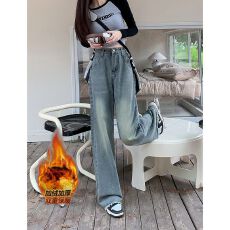 批发实拍实价~加绒加厚复古做旧牛仔裤女高腰宽松阔腿裤直筒裤长裤子