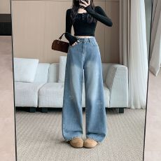 批发实拍实价~提花刺绣阔腿牛仔裤女<b class='q'>秋</b>季新款设计感高腰休闲直筒裤子