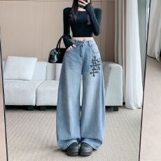 批发实拍实价~美式复古印花牛仔裤女<b class='q'>秋</b>季2025新款高腰宽松阔腿牛仔裤