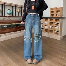 批发实拍实价~复古格纹拼接牛仔<b class='q'>裤</b>女新款高腰显瘦宽松假破洞阔腿<b class='q'>裤</b>子