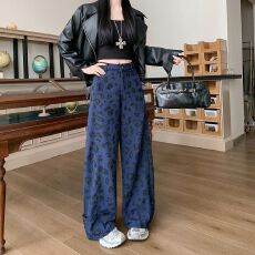批发实拍实价~美式复古蓝色豹纹牛仔裤女高街宽松休闲百搭阔腿弯刀裤