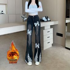 批发实拍实价~加绒加厚蕾丝蝴蝶结微喇牛仔<b class='q'>裤</b>女新款<b class='q'>修身</b>显瘦垂感长<b class='q'>裤</b>