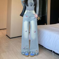批发实拍实价~趣味卡通刺绣牛仔裤<b class='q'>女</b>秋季设计感做旧直筒阔腿拖地裤子