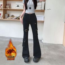 批发实拍实价~加绒加厚黑色牛仔裤女新款修身直筒设计感马蹄微喇叭裤