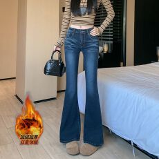 批发实拍 冬季韩系加绒加厚显瘦高腰微喇叭<b class='q'>牛仔裤</b>女<b class='q'>弹力</b>修身马蹄裤子