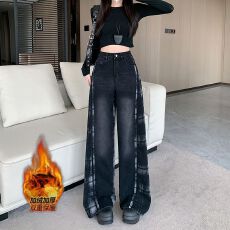 批发实拍实价~加绒加厚黑<b class='q'>格子</b>拼接牛仔<b class='q'>裤</b>女新款设计感<b class='q'>裤</b>子直筒阔腿<b class='q'>裤</b>