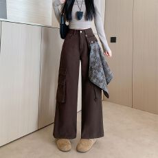 批发实拍实价~屁帘工装牛仔裤女<b class='q'>冬</b>季美拉德弯刀裤辣妹直筒宽松阔腿裤